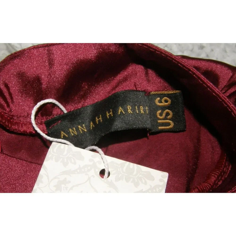 NEW Burgundy Sz 6 High Neck Satin Long Sleeve Modest Maxi Dress ANNAH HARIRI